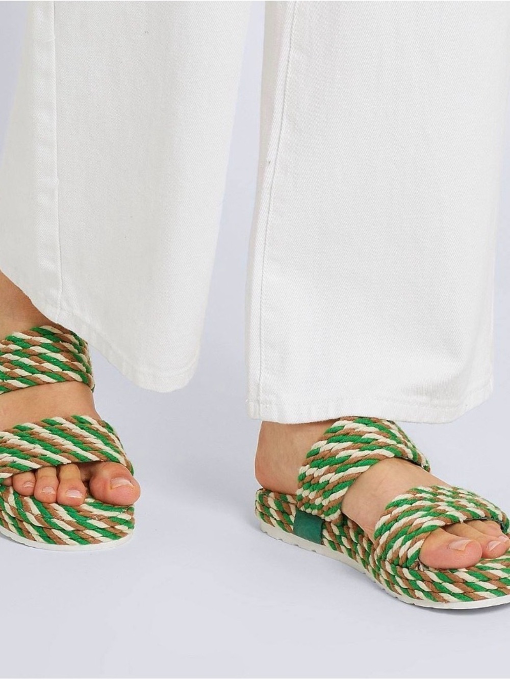 Braided Rope Slide Sandals in Green & Cream, size 10, never worn.